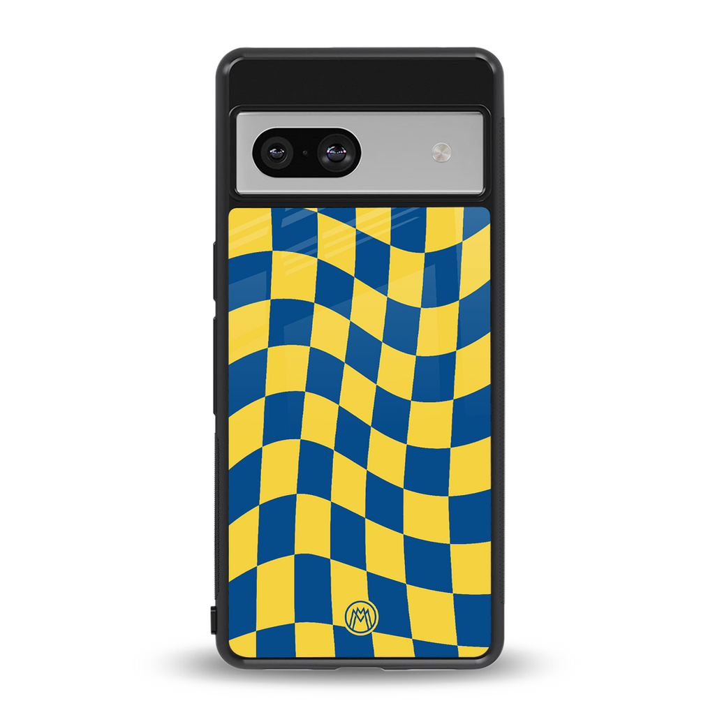 yellow blue trippy check pattern back phone cover | glass case for Google Pixel 7