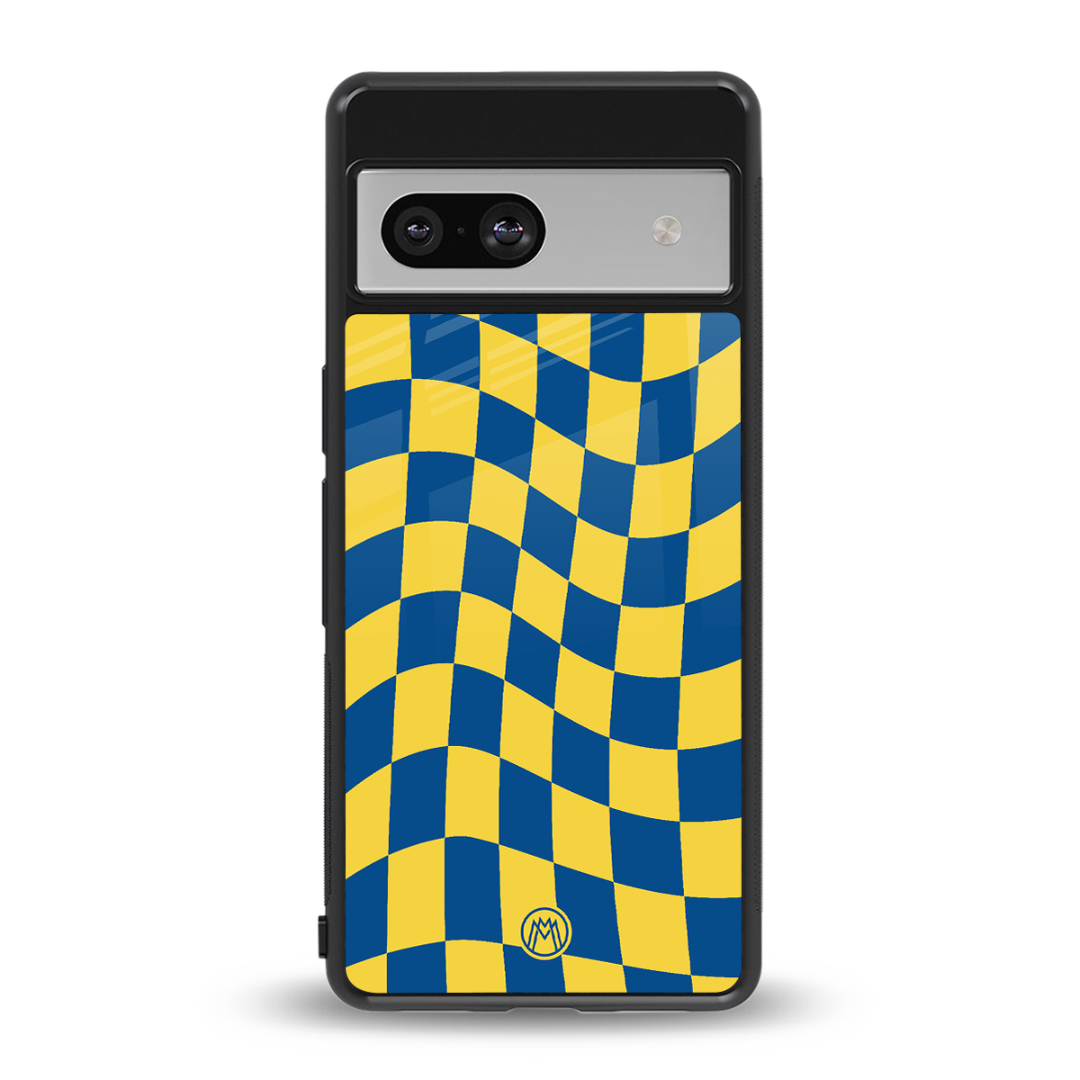 yellow blue trippy check pattern back phone cover | glass case for Google Pixel 7