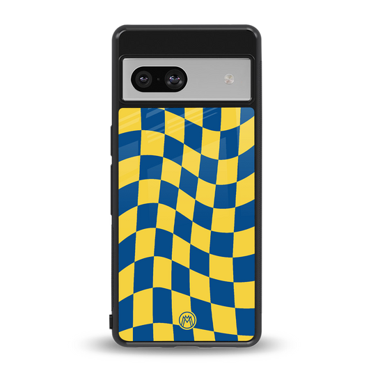 yellow blue trippy check pattern back phone cover | glass case for Google Pixel 7