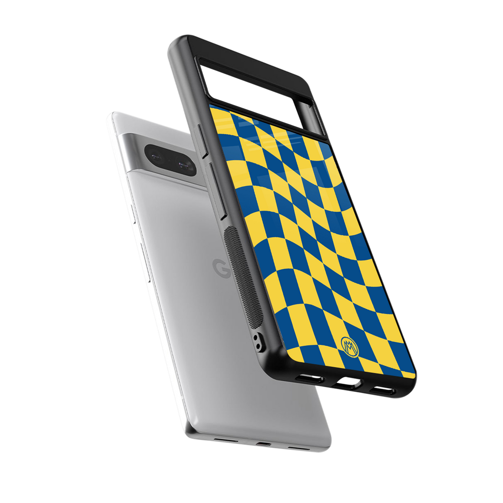 yellow blue trippy check pattern back phone cover | glass case for Google Pixel 7