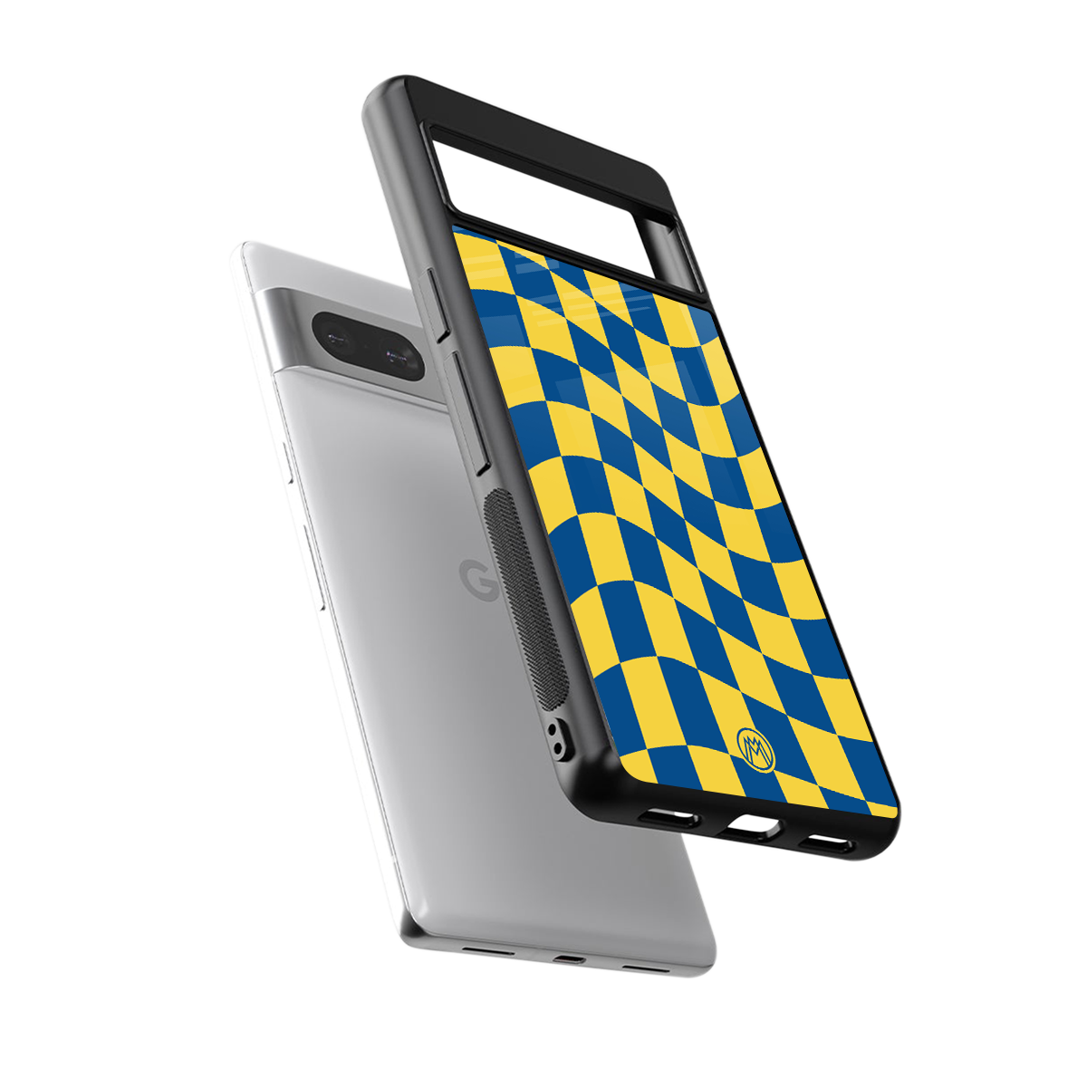 yellow blue trippy check pattern back phone cover | glass case for Google Pixel 7