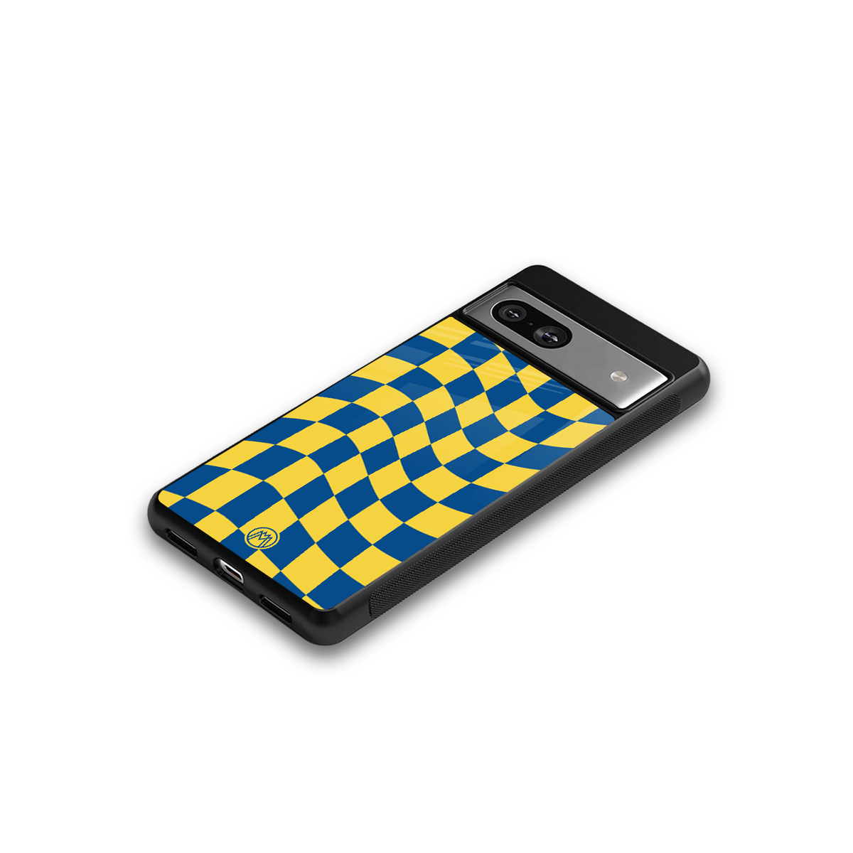 yellow blue trippy check pattern back phone cover | glass case for Google Pixel 7