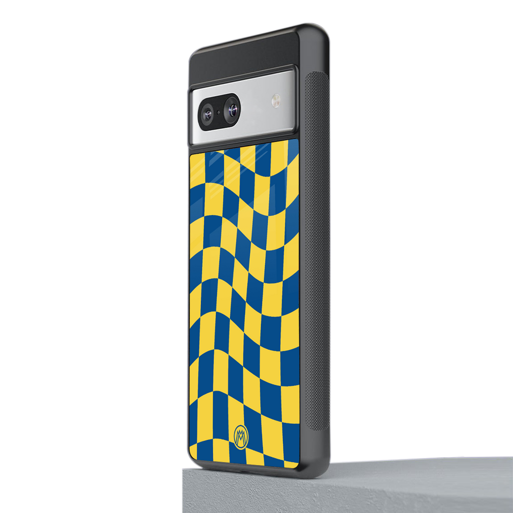 yellow blue trippy check pattern back phone cover | glass case for Google Pixel 7