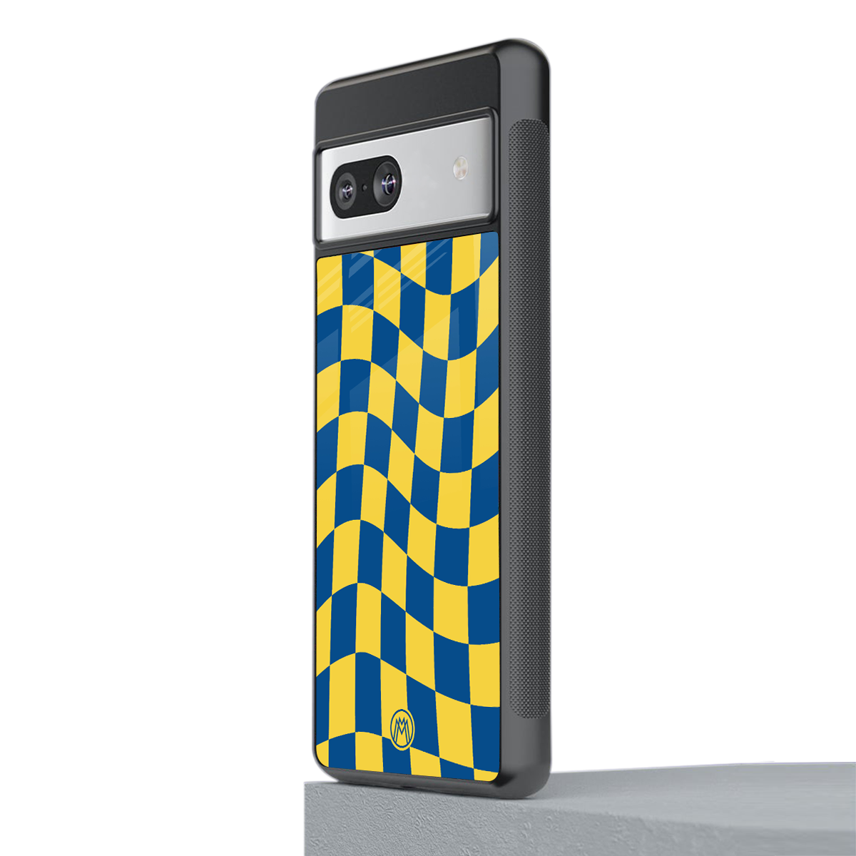 yellow blue trippy check pattern back phone cover | glass case for Google Pixel 7
