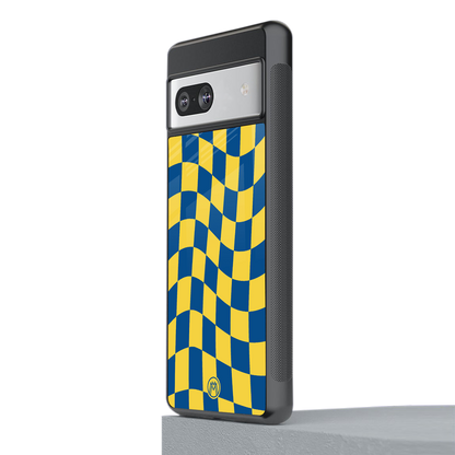 yellow blue trippy check pattern back phone cover | glass case for Google Pixel 7A