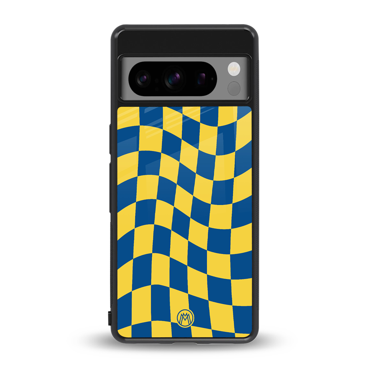 yellow blue trippy check pattern back phone cover | glass case for google pixel 8 pro