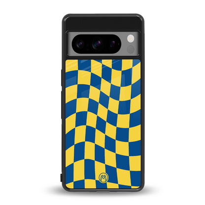 yellow blue trippy check pattern back phone cover | glass case for google pixel 8 pro