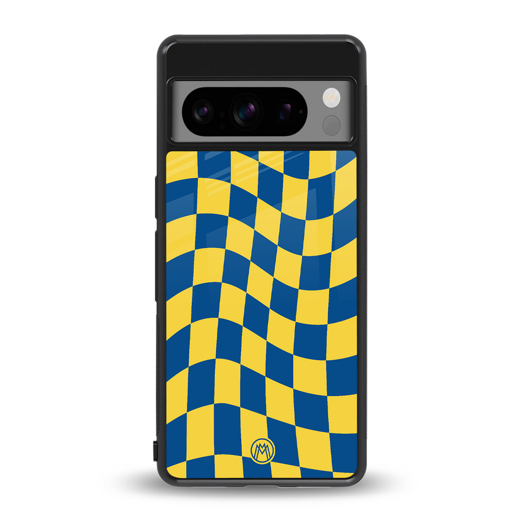 yellow blue trippy check pattern back phone cover | glass case for google pixel 8 pro