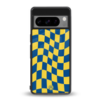yellow blue trippy check pattern back phone cover | glass case for google pixel 8 pro