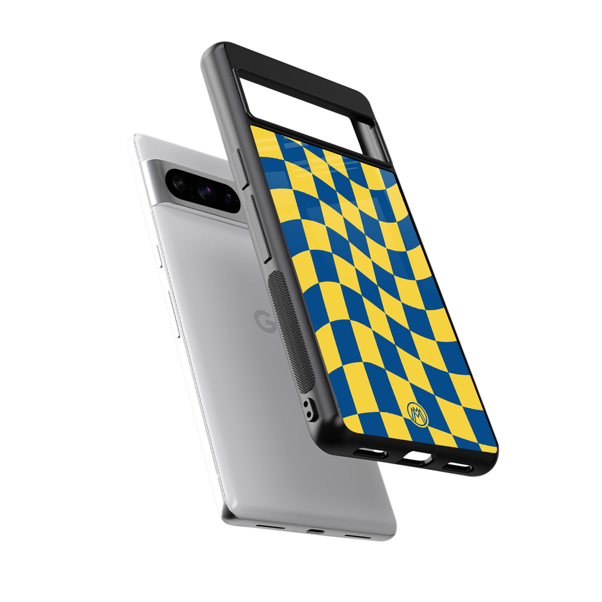 yellow blue trippy check pattern back phone cover | glass case for google pixel 8 pro