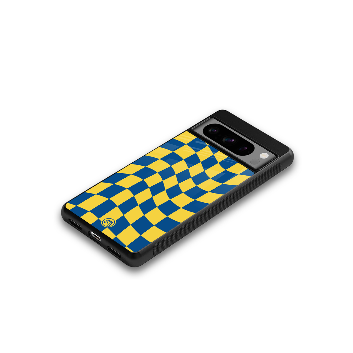 yellow blue trippy check pattern back phone cover | glass case for google pixel 8 pro