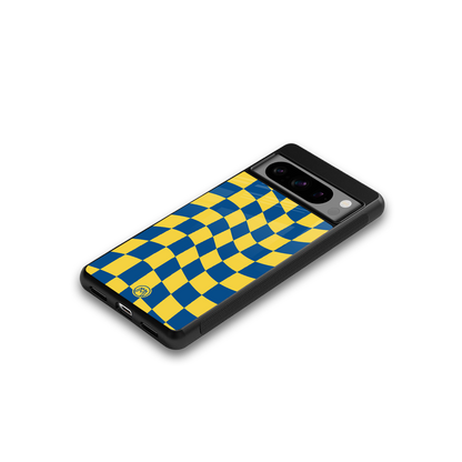 yellow blue trippy check pattern back phone cover | glass case for google pixel 8 pro