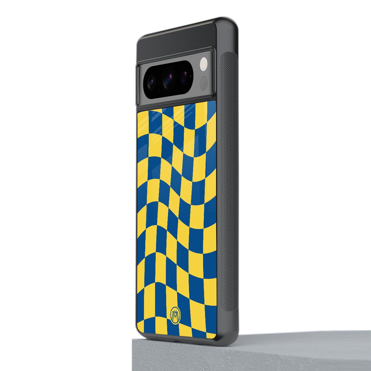 yellow blue trippy check pattern back phone cover | glass case for google pixel 8 pro