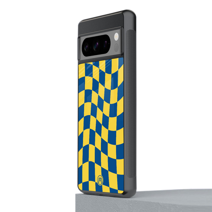 yellow blue trippy check pattern back phone cover | glass case for google pixel 8 pro