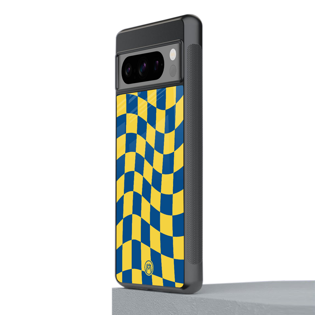 yellow blue trippy check pattern back phone cover | glass case for google pixel 8 pro