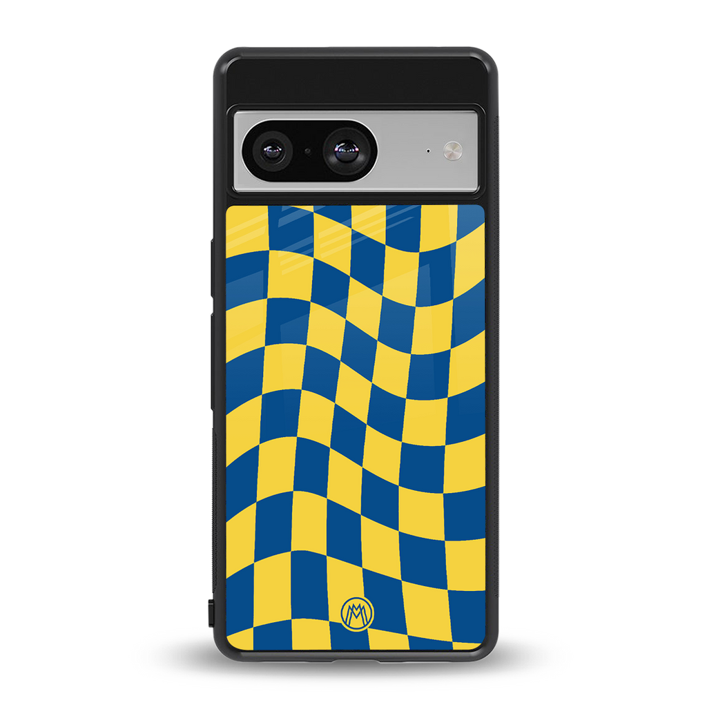 yellow blue trippy check pattern back phone cover | glass case for Google Pixel 8