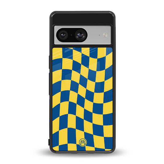yellow blue trippy check pattern back phone cover | glass case for Google Pixel 8