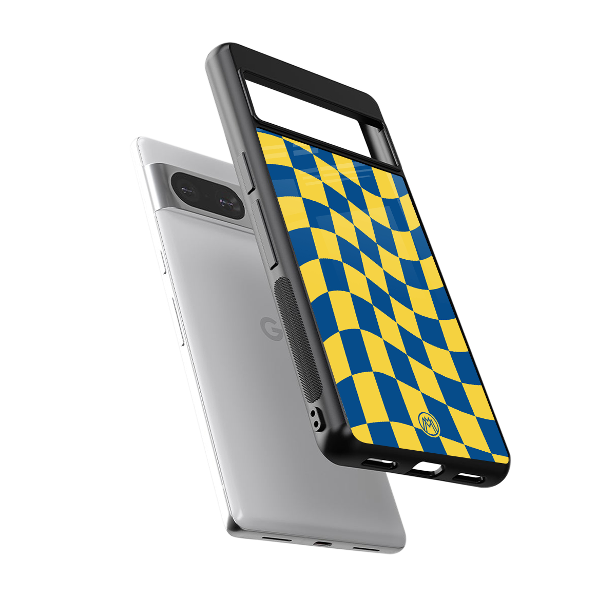 yellow blue trippy check pattern back phone cover | glass case for Google Pixel 8