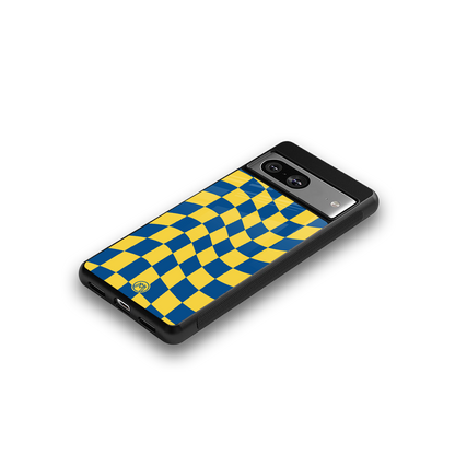 yellow blue trippy check pattern back phone cover | glass case for Google Pixel 8