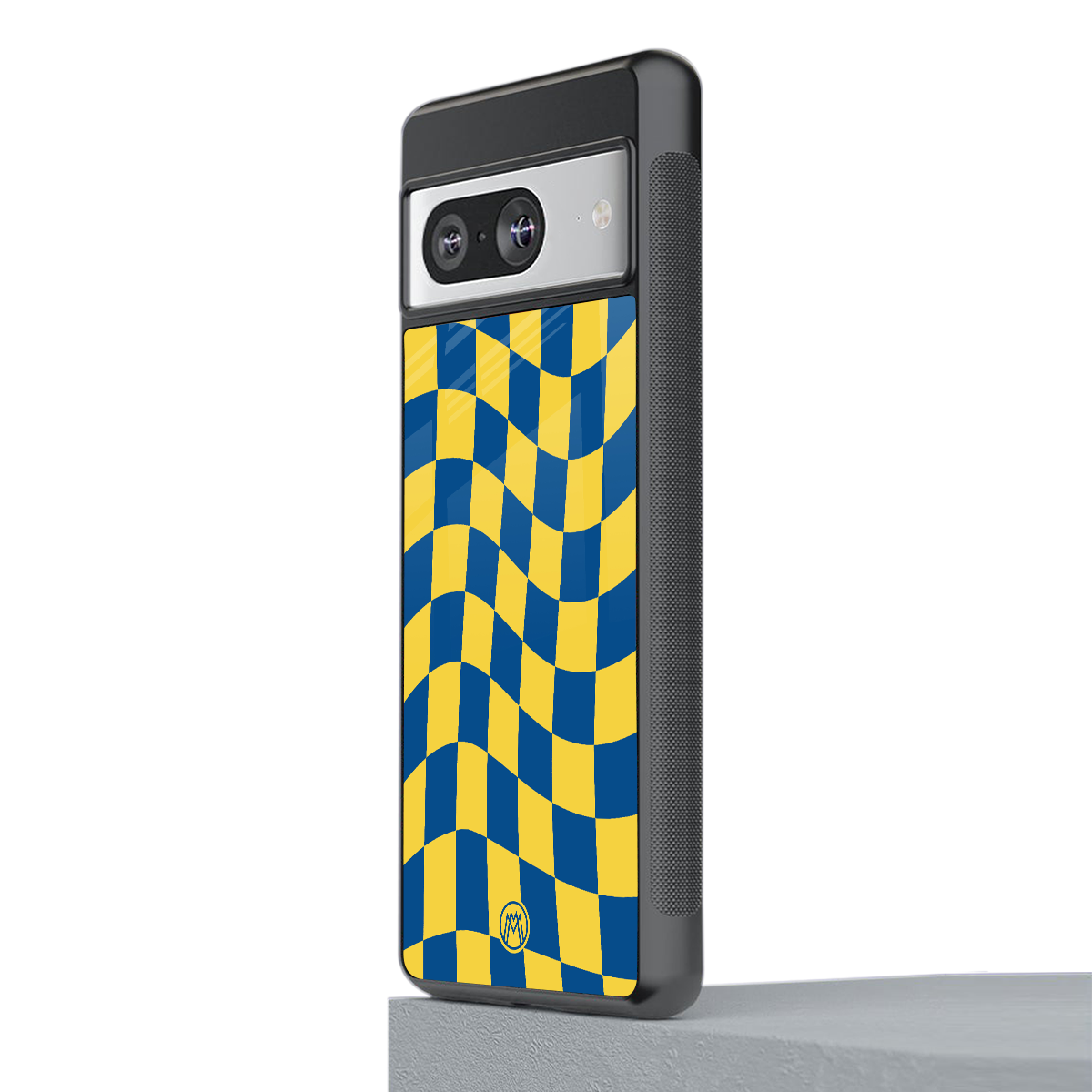 yellow blue trippy check pattern back phone cover | glass case for Google Pixel 8