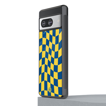 yellow blue trippy check pattern back phone cover | glass case for Google Pixel 8
