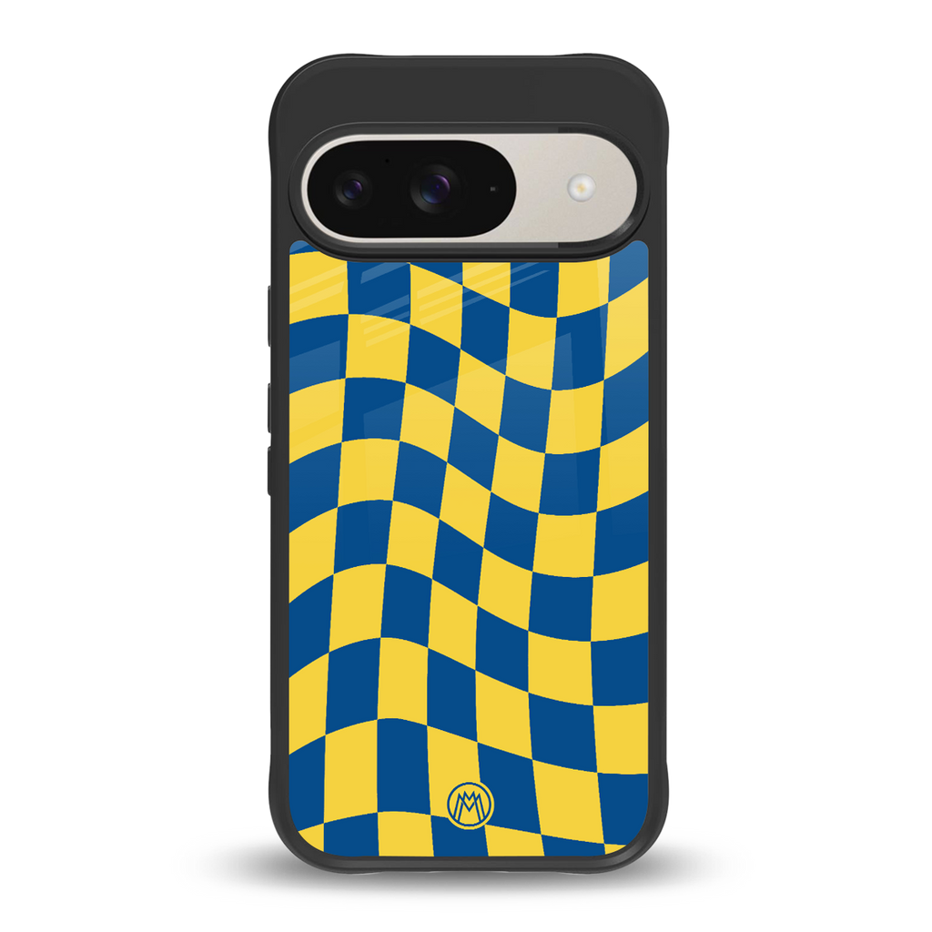 yellow blue trippy check pattern back phone cover | glass case for google pixel 9