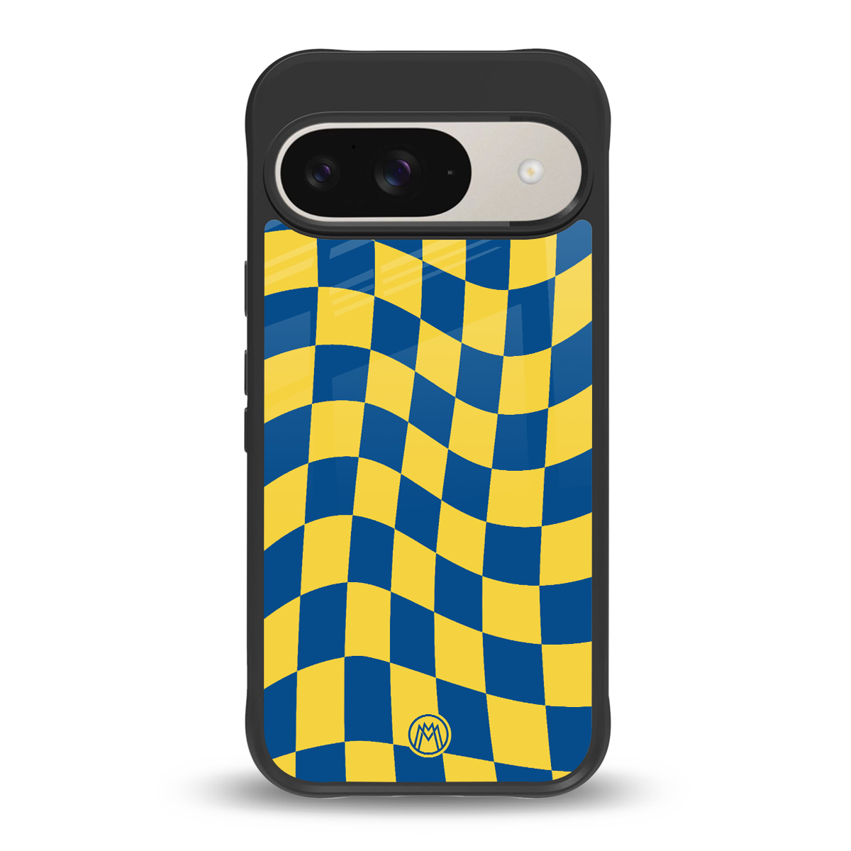 yellow blue trippy check pattern back phone cover | glass case for google pixel 9