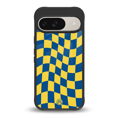yellow blue trippy check pattern back phone cover | glass case for google pixel 9