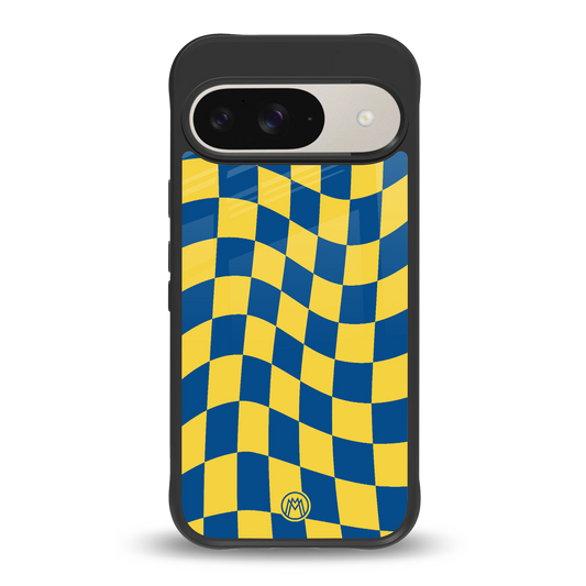 yellow blue trippy check pattern back phone cover | glass case for google pixel 9