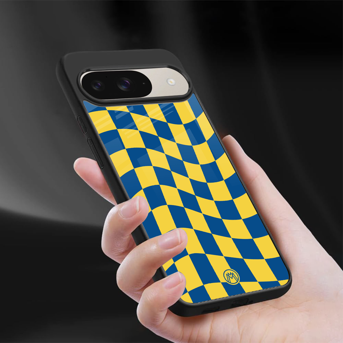 yellow blue trippy check pattern back phone cover | glass case for google pixel 9
