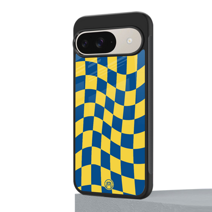 yellow blue trippy check pattern back phone cover | glass case for google pixel 9