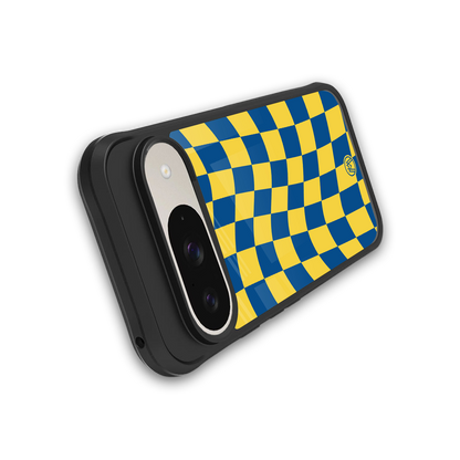yellow blue trippy check pattern back phone cover | glass case for google pixel 9
