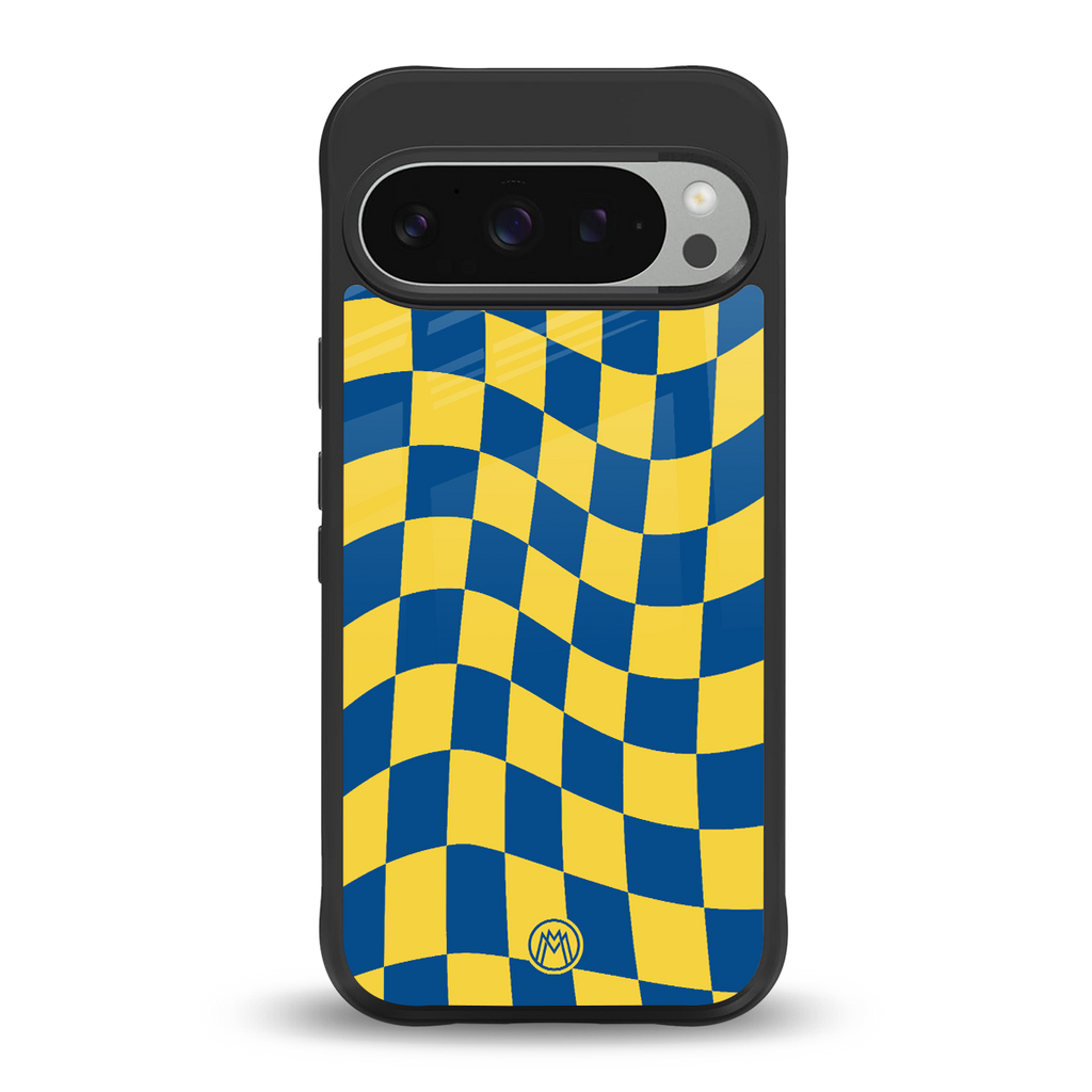 yellow blue trippy check pattern back phone cover | glass case for google pixel 9 pro