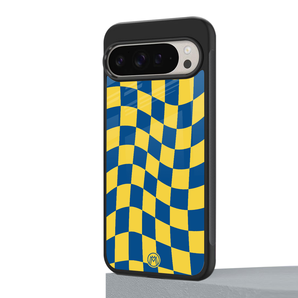 yellow blue trippy check pattern back phone cover | glass case for google pixel 9 pro