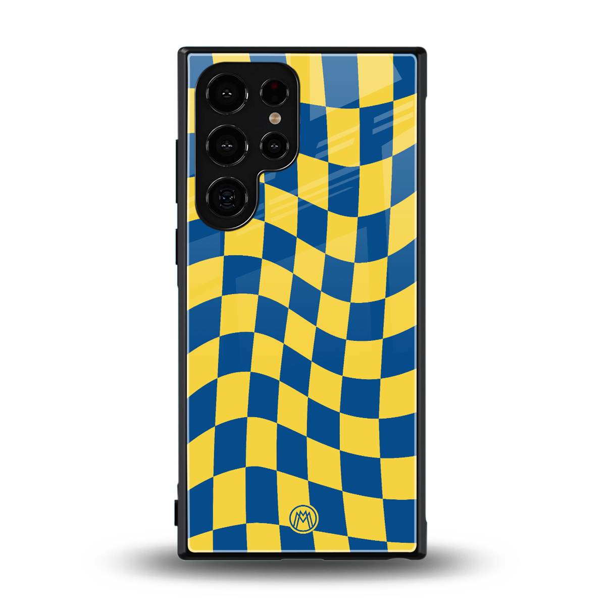 yellow blue trippy check pattern back phone cover | glass case for samsung galaxy s24 ultra
