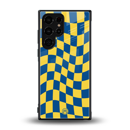 yellow blue trippy check pattern back phone cover | glass case for samsung galaxy s24 ultra