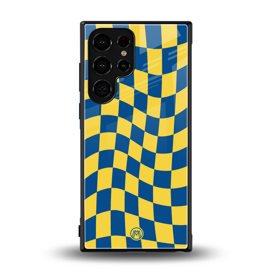 yellow blue trippy check pattern back phone cover | glass case for samsung galaxy s24 ultra