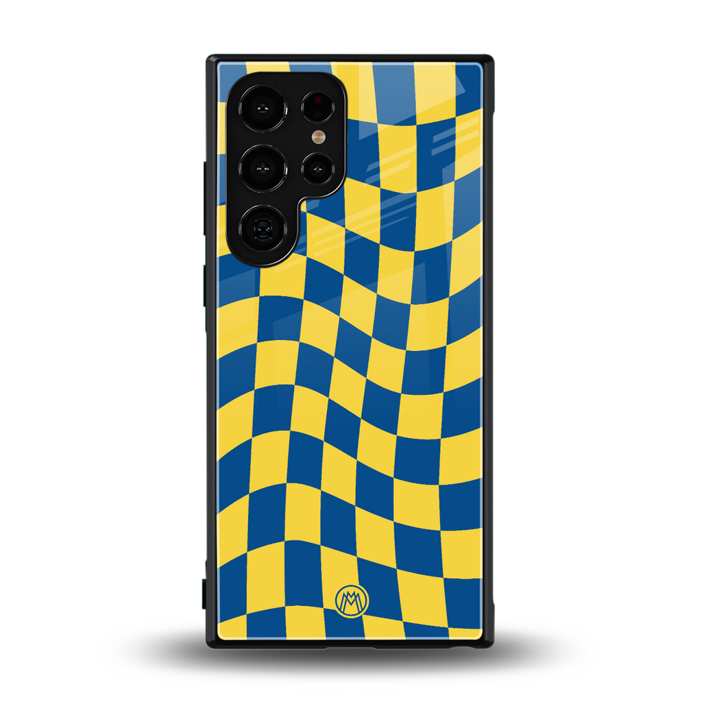 yellow blue trippy check pattern back phone cover | glass case for samsung galaxy s23 ultra