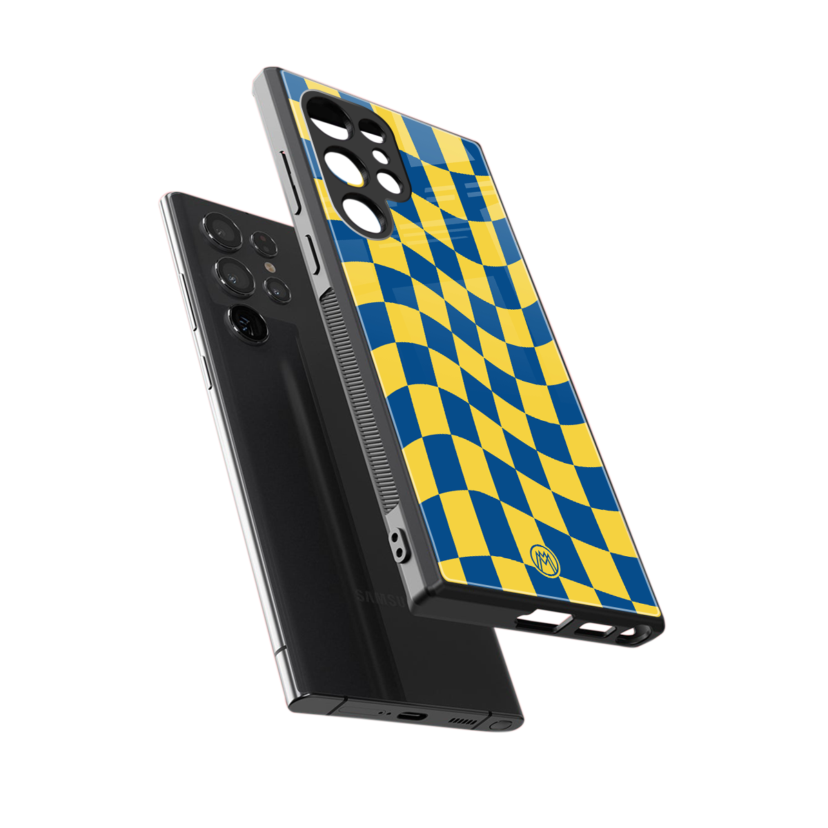 yellow blue trippy check pattern back phone cover | glass case for samsung galaxy s24 ultra