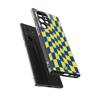 yellow blue trippy check pattern back phone cover | glass case for samsung galaxy s24 ultra