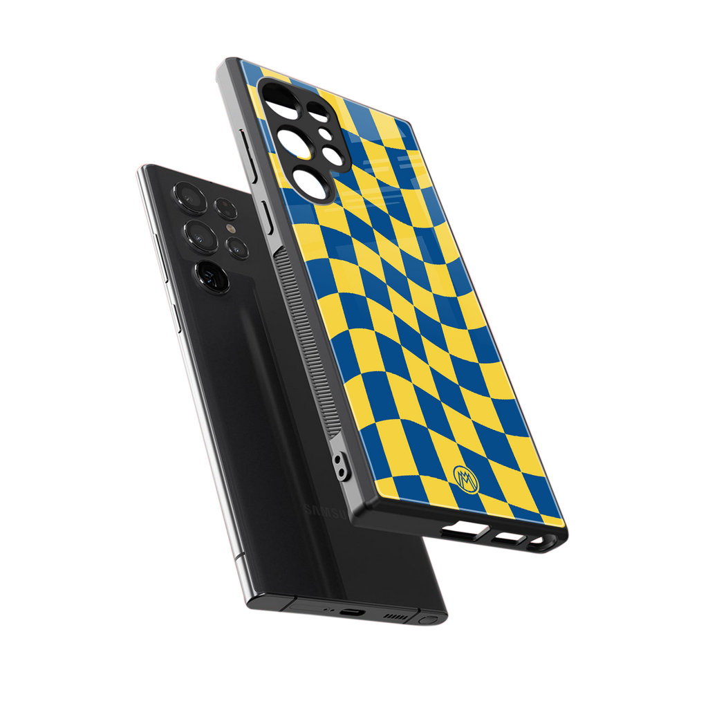yellow blue trippy check pattern back phone cover | glass case for samsung galaxy s23 ultra