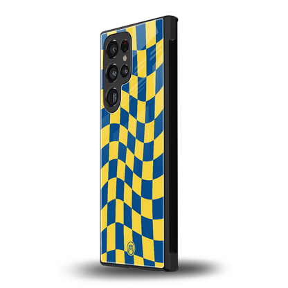 yellow blue trippy check pattern back phone cover | glass case for samsung galaxy s24 ultra