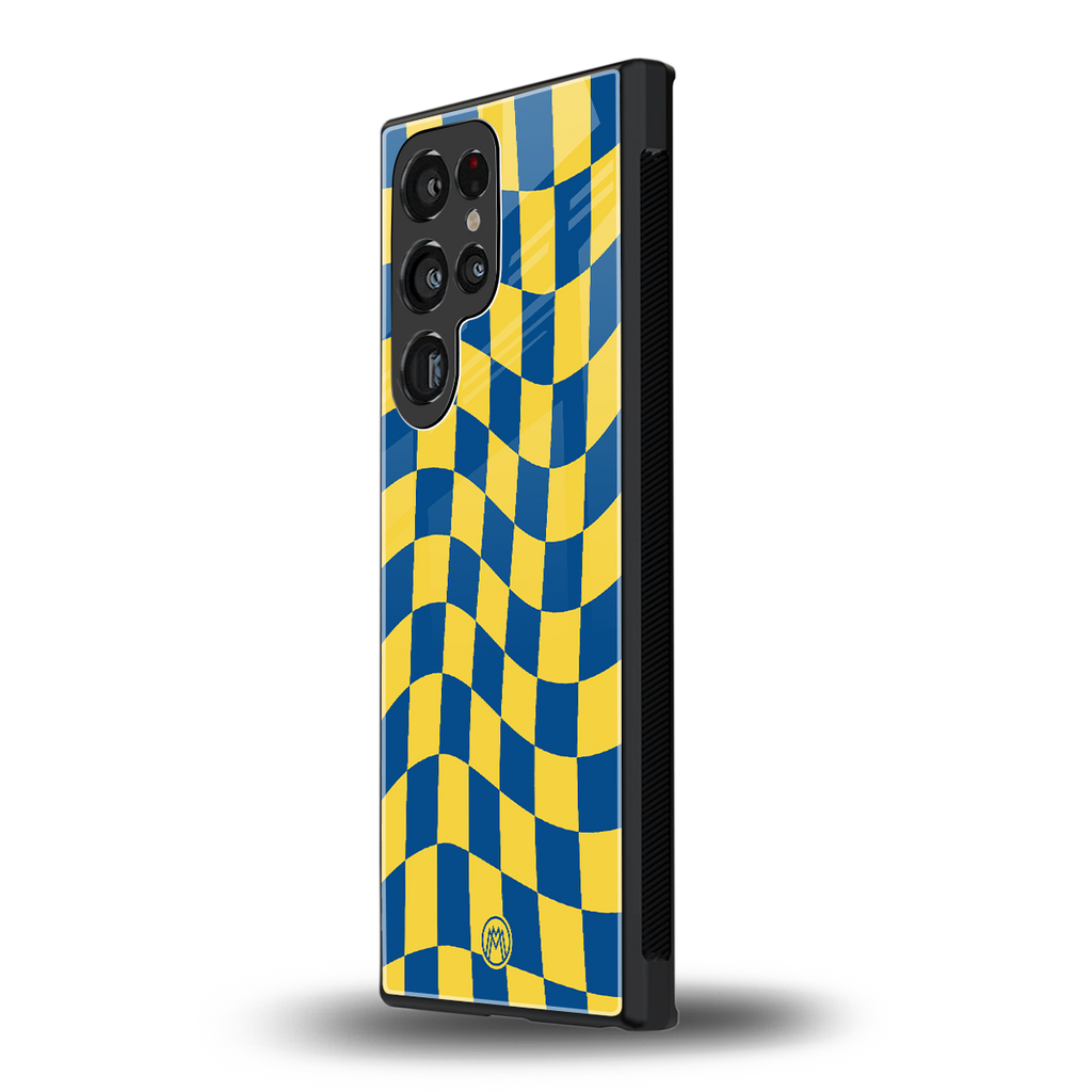 yellow blue trippy check pattern back phone cover | glass case for samsung galaxy s23 ultra