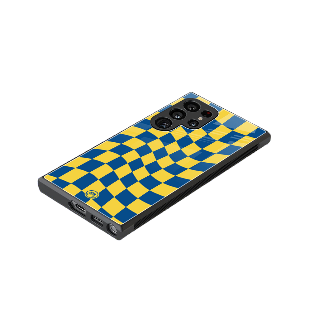 yellow blue trippy check pattern back phone cover | glass case for samsung galaxy s23 ultra
