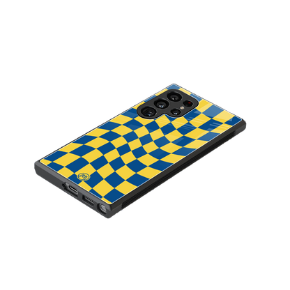 yellow blue trippy check pattern back phone cover | glass case for samsung galaxy s23 ultra