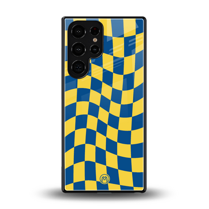yellow blue trippy check pattern back phone cover | glass case for samsung galaxy s25 ultra