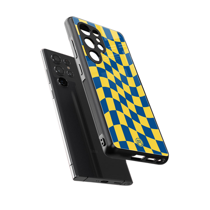 yellow blue trippy check pattern back phone cover | glass case for samsung galaxy s25 ultra