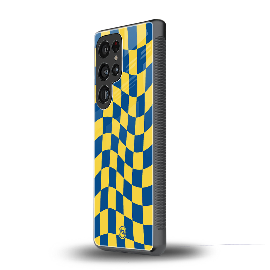 yellow blue trippy check pattern back phone cover | glass case for samsung galaxy s25 ultra