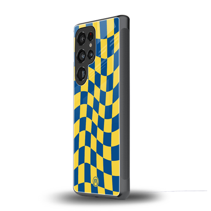 yellow blue trippy check pattern back phone cover | glass case for samsung galaxy s25 ultra