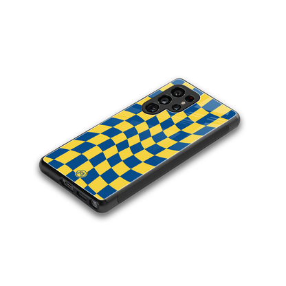 yellow blue trippy check pattern back phone cover | glass case for samsung galaxy s25 ultra